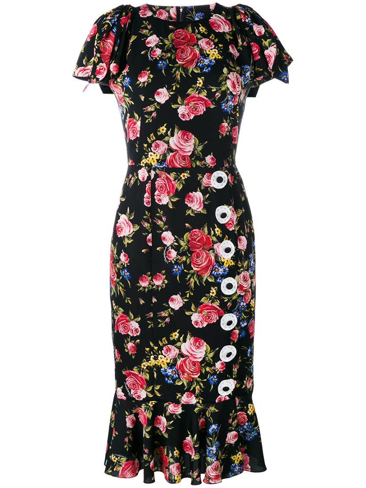Dolce & Gabbana Rose Print Dress, Women's, Size: 44, Black, Silk/spandex/elastane