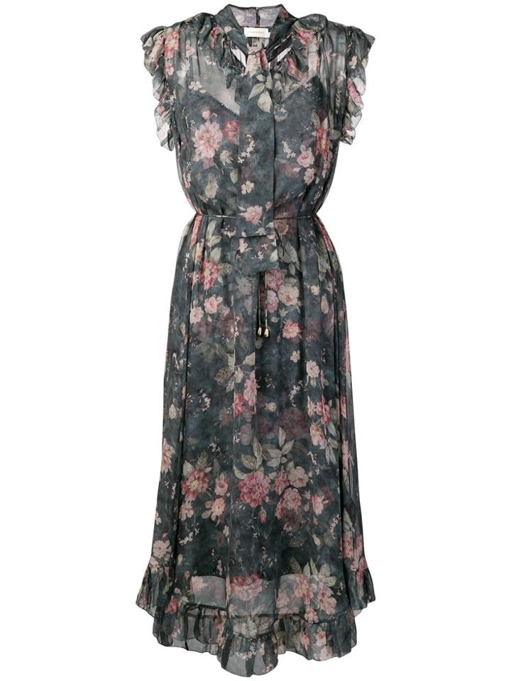 Zimmermann Floral Print Tie Neck Dress - Grey