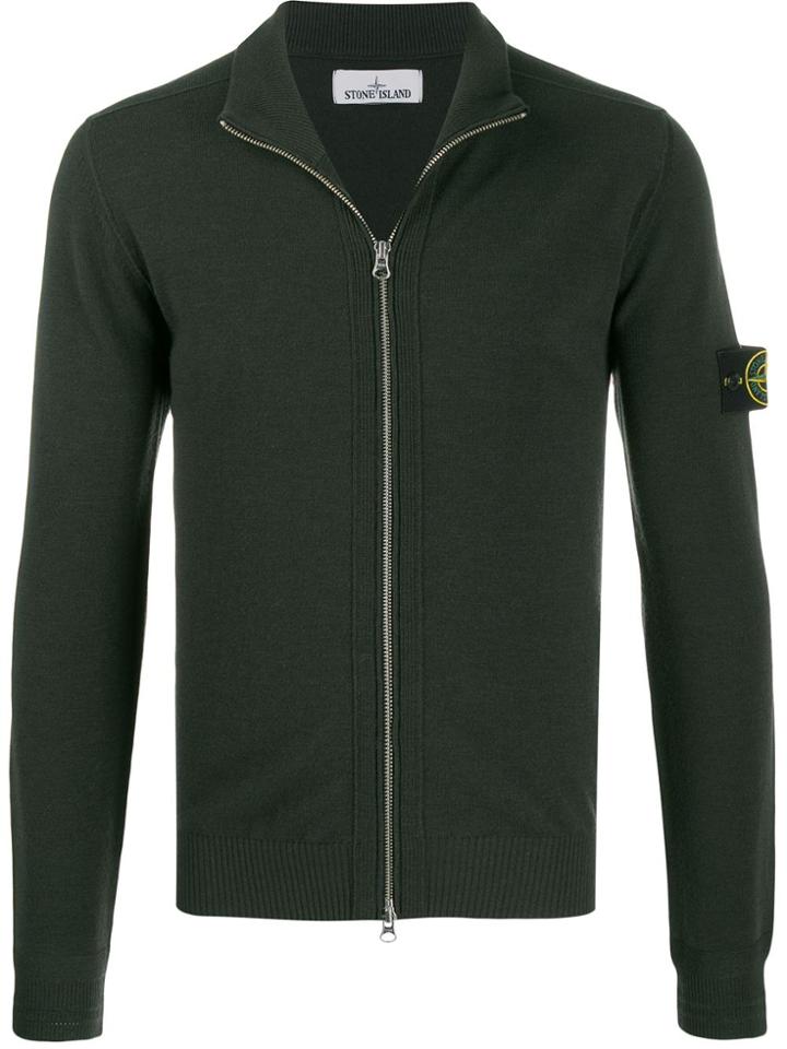 Stone Island Logo Embroidered Zipped Cardigan - Green