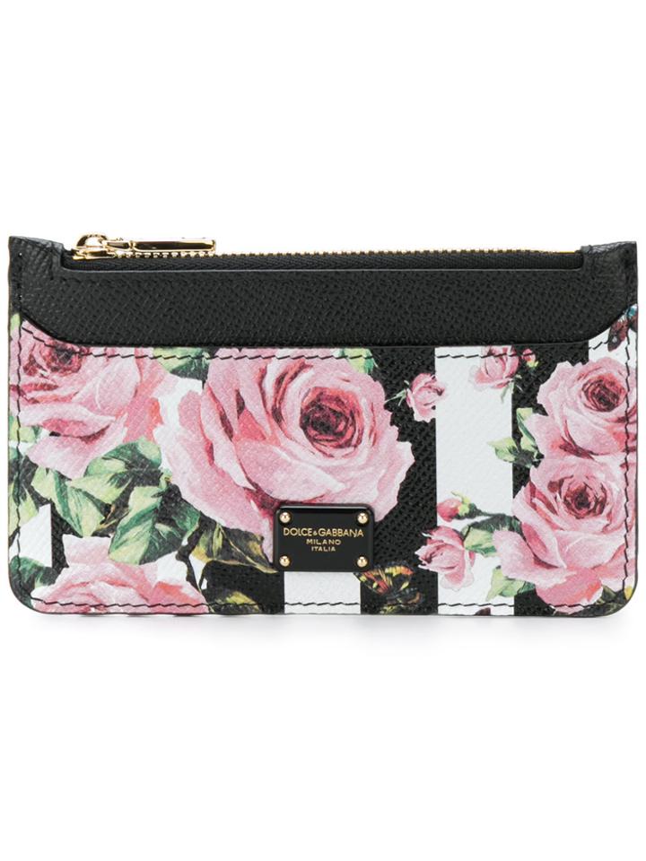 Dolce & Gabbana Rose Print Striped Cardholder - Black