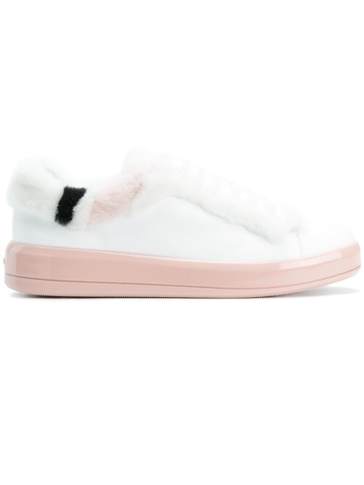 Prada Fur Embellished Lace-up Sneakers - White