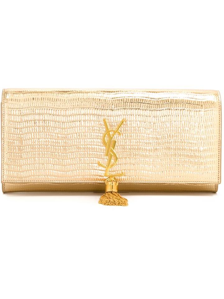 Saint Laurent 'classic Monogram' Clutch, Women's, Grey, Calf Leather/metal (other)