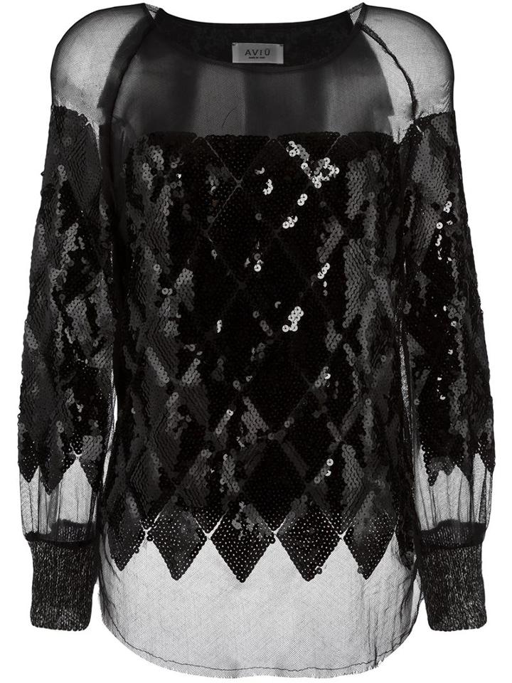 Aviù Sheer Sequinned Blouse, Women's, Size: 42, Black, Cotton/polyamide/polyester/mohair