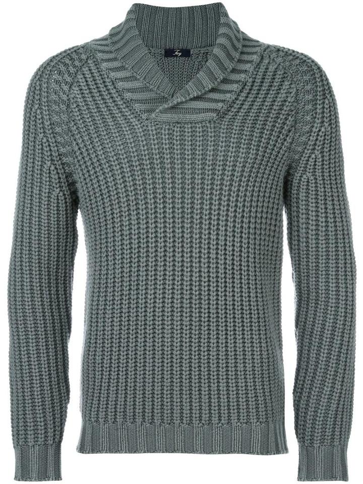 Fay Shawl Lapel Ribbed Jumper, Men's, Size: 50, Green, Virgin Wool