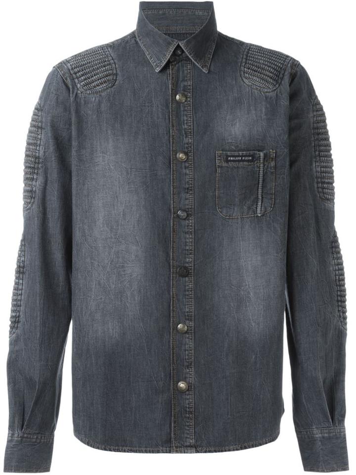 Philipp Plein Ribbed Panel Denim Shirt, Men's, Size: L, Grey, Cotton