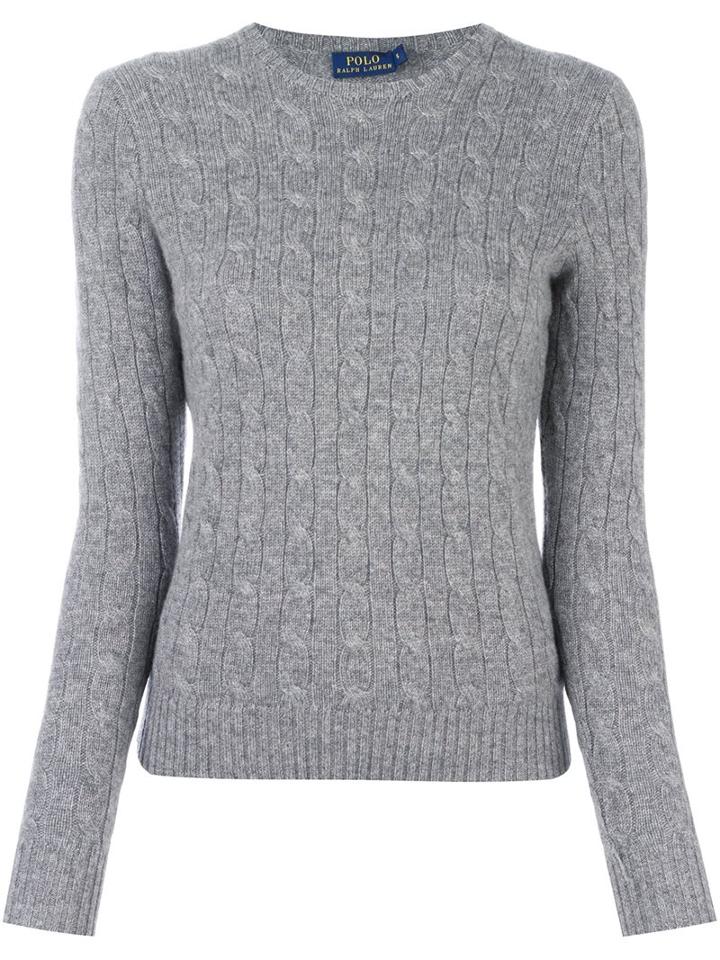 Polo Ralph Lauren Cable Knit V Neck Jumper, Women's, Size: Large, Grey, Cashmere
