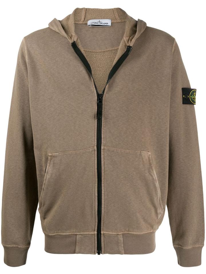 Stone Island Zip Front Logo Hoodie - Brown