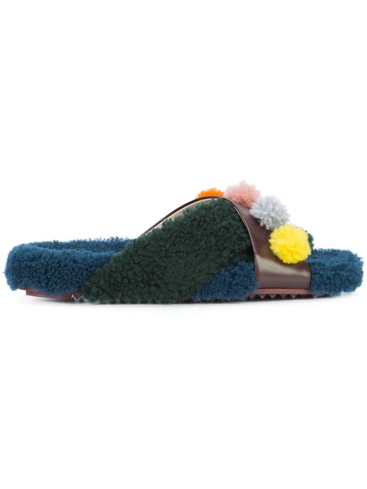Fendi Pom-pom Slip-on Sandals - Blue