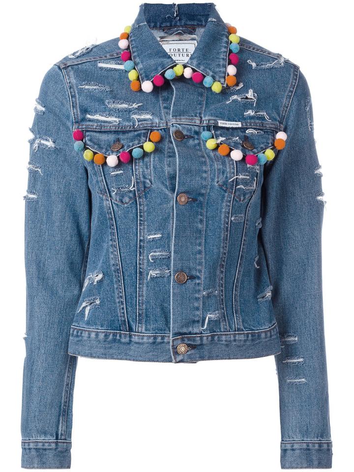 Forte Couture - Pompom Denim Jacket - Women - Cotton/polyester - Xs, Women's, Blue, Cotton/polyester