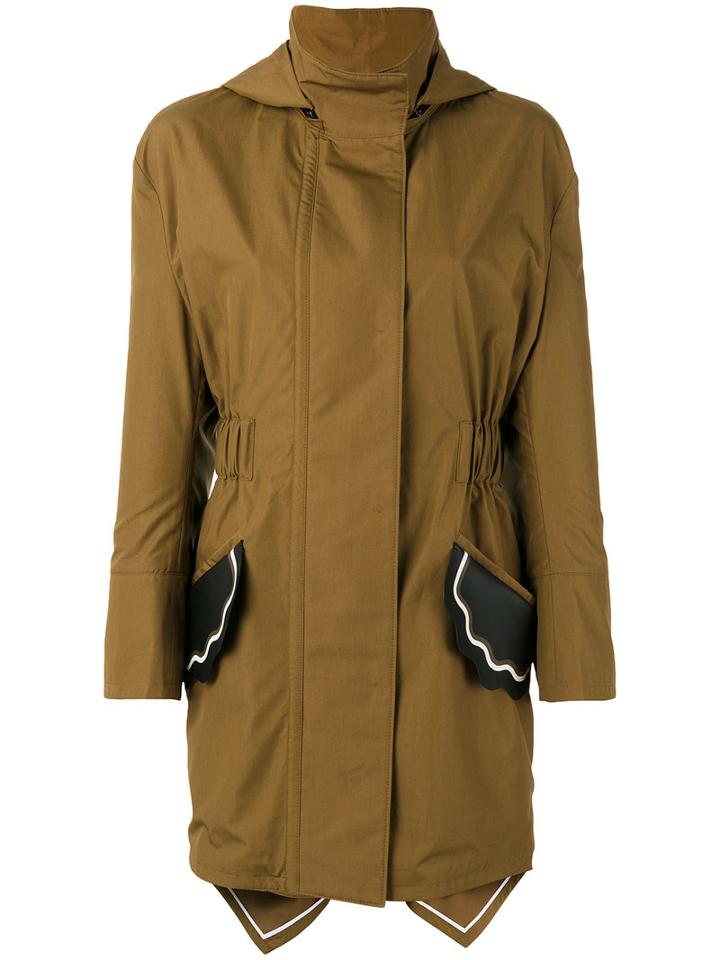 Fendi Scallop Pocket Parka, Women's, Size: 42, Green, Cotton/lamb Skin/silk/spandex/elastane