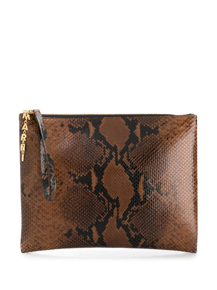 Marni Snake-effect Clutch Bag - Brown