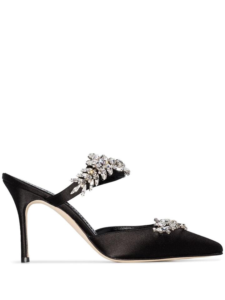 Manolo Blahnik Black Lurum Crystal 90 Satin Mules