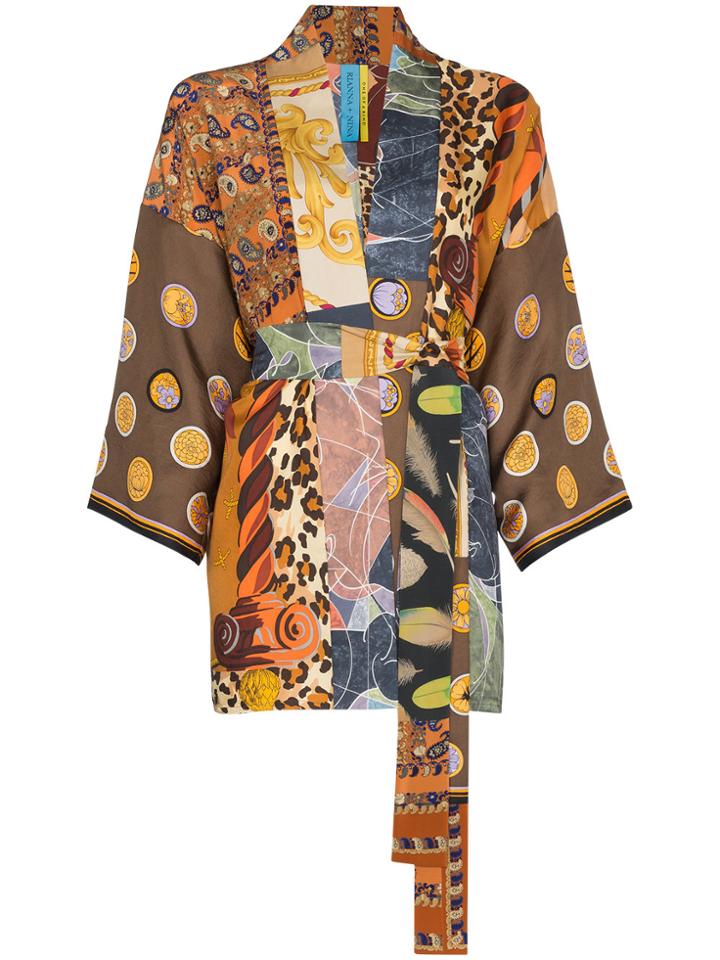 Rianna + Nina Short Multi Animal Star Print Silk Kimono Robe -