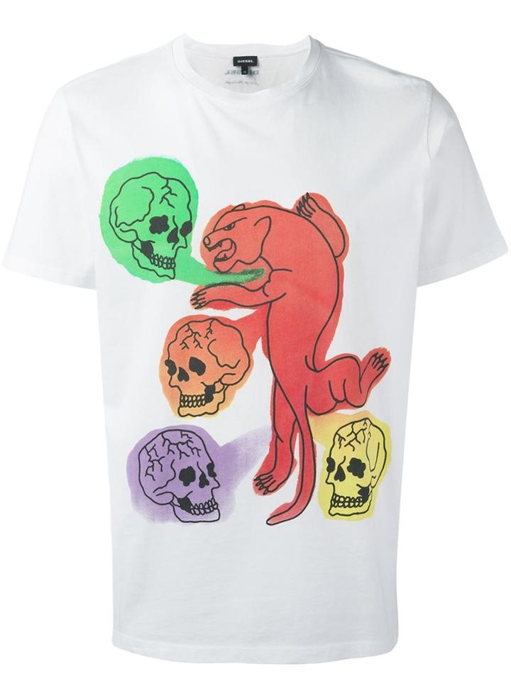 Diesel Skull Print T-shirt, Men's, Size: Medium, White, Cotton