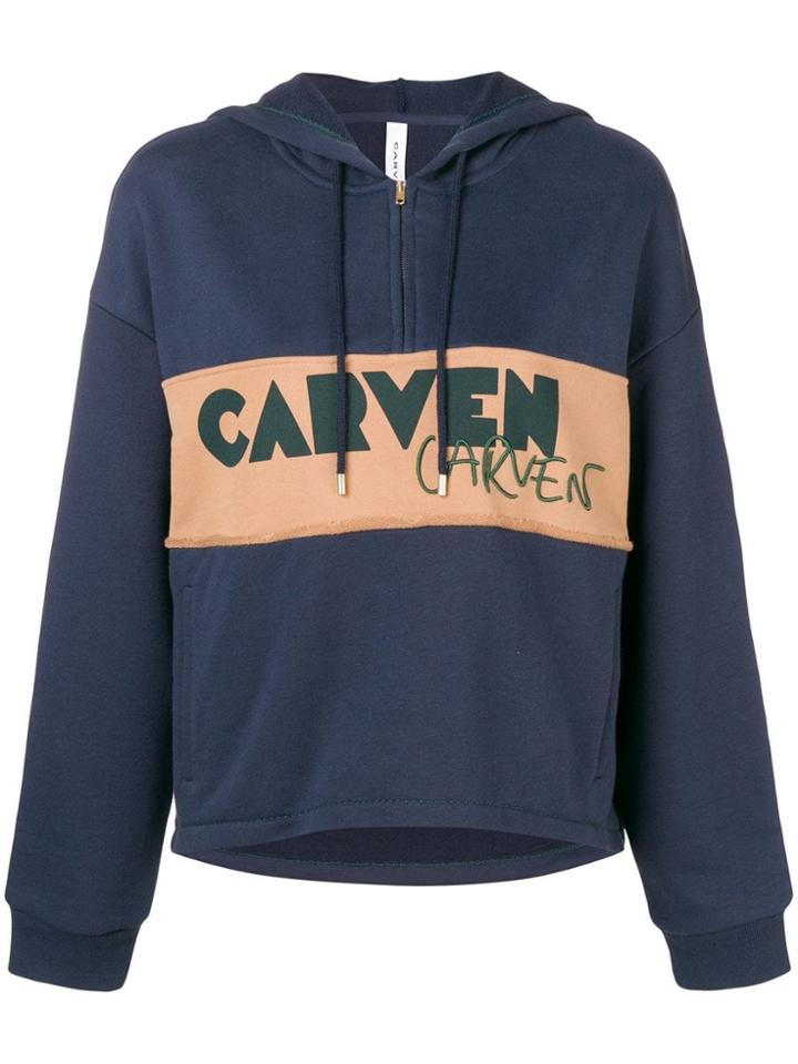 Carven Logo Patch Half Zip Hoodie - Blue