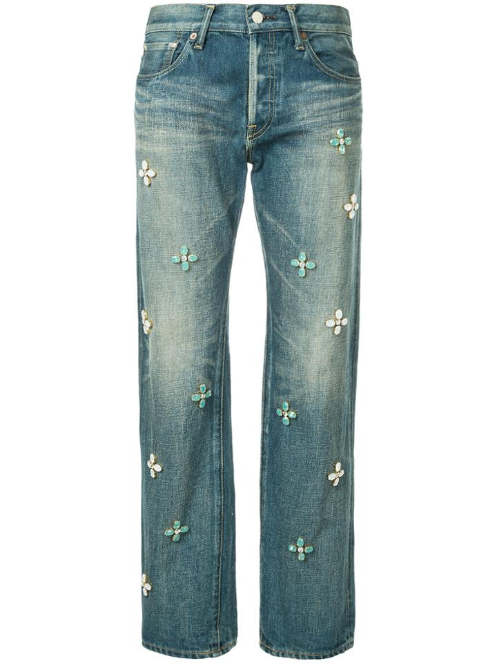 Tu Es Mon Trésor Bijoux Embellished Jeans Short Length - Blue