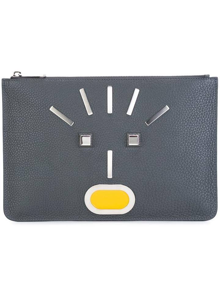 Fendi Appliqué Face Clutch, Men's, Grey, Leather/palladium