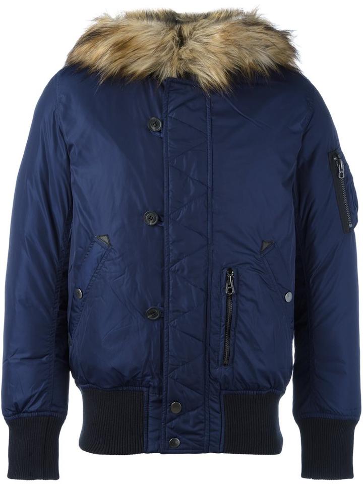 Diesel Furred Collar Padded Jacket, Men's, Size: Medium, Blue, Polyester/polyamide