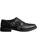 Burberry Brogue Detail Textured Leather Monk Shoes - Black