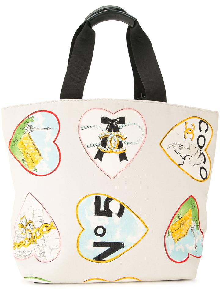 Chanel Vintage Heart Logo Motif Tote Bag, Women's, White