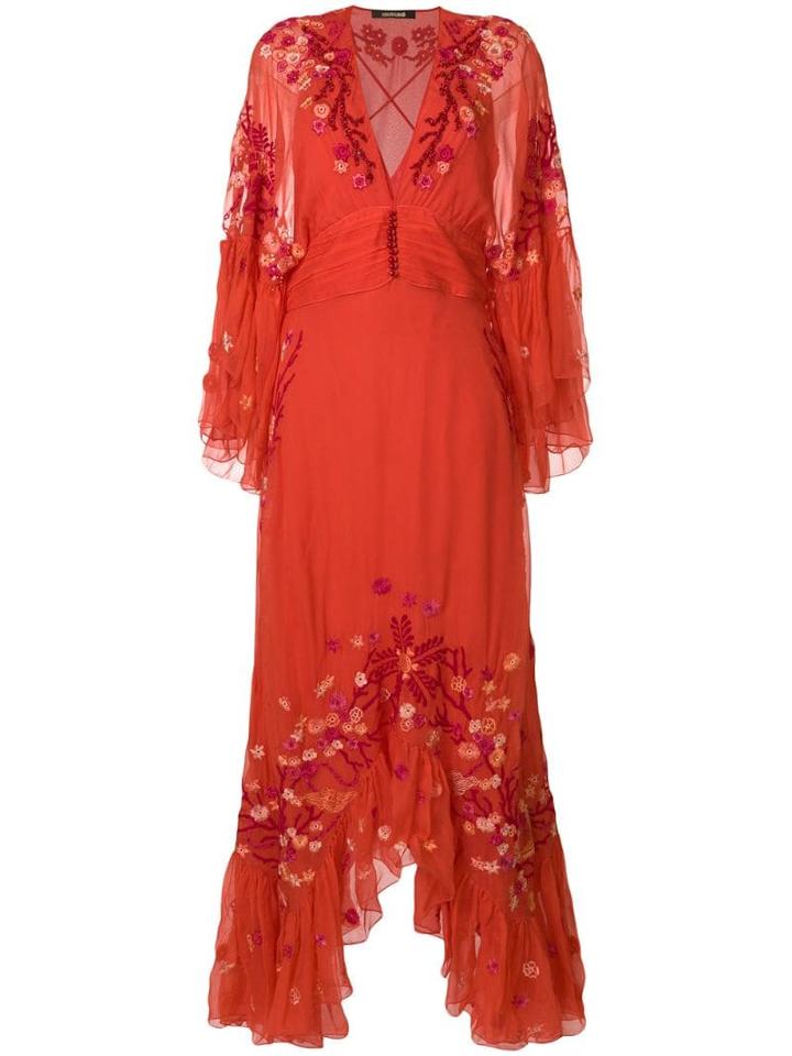 Roberto Cavalli Floral Embroidered Frill Trim Maxi Dress - Yellow