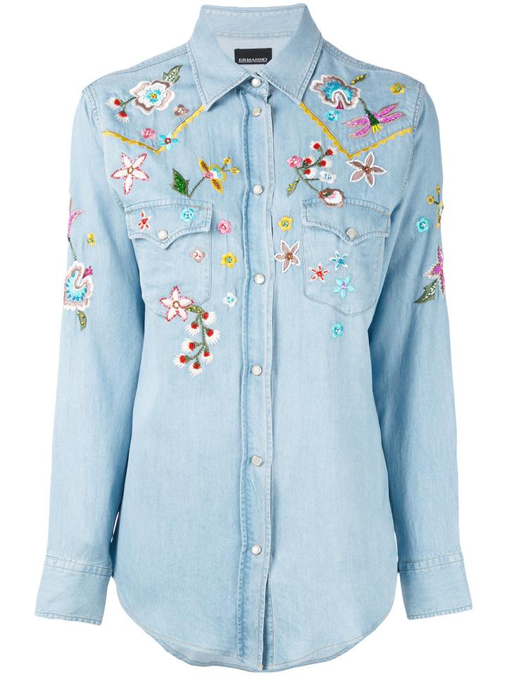 Ermanno Ermanno - Embroidered Denim Shirt - Women - Lyocell/viscose - 42, Blue, Lyocell/viscose