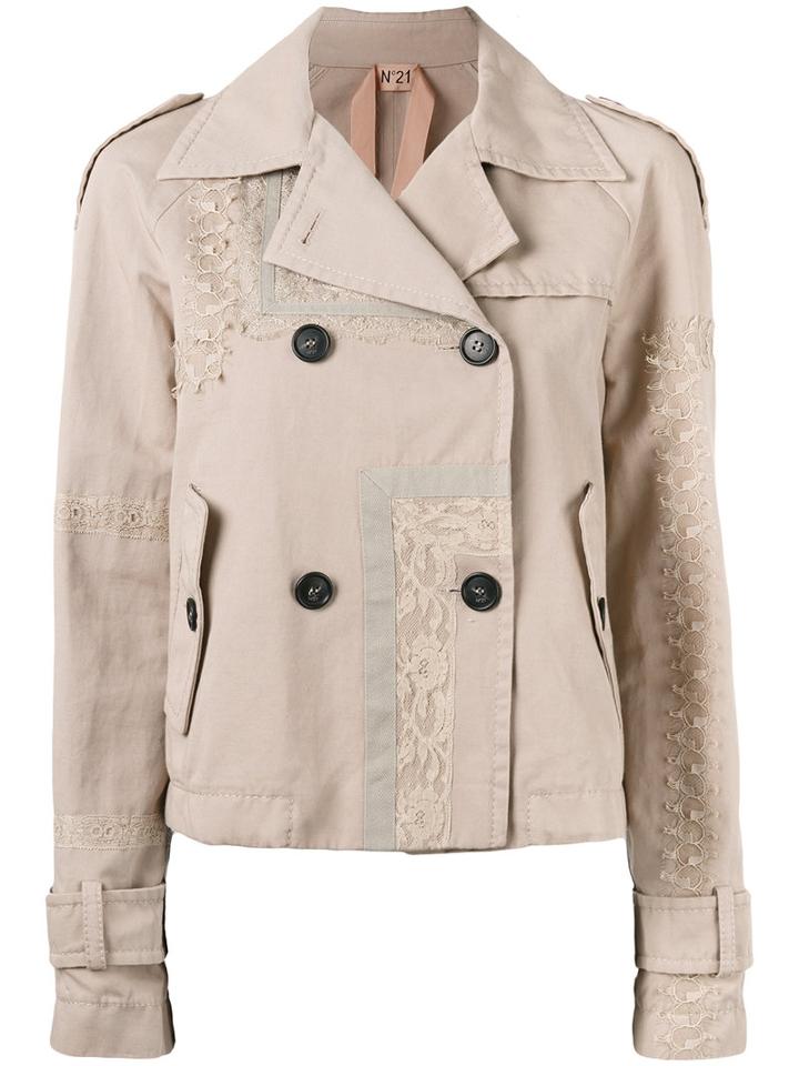 No21 - Appliqué Short Trenchcoat - Women - Cotton/linen/flax - 42, Women's, Nude/neutrals, Cotton/linen/flax