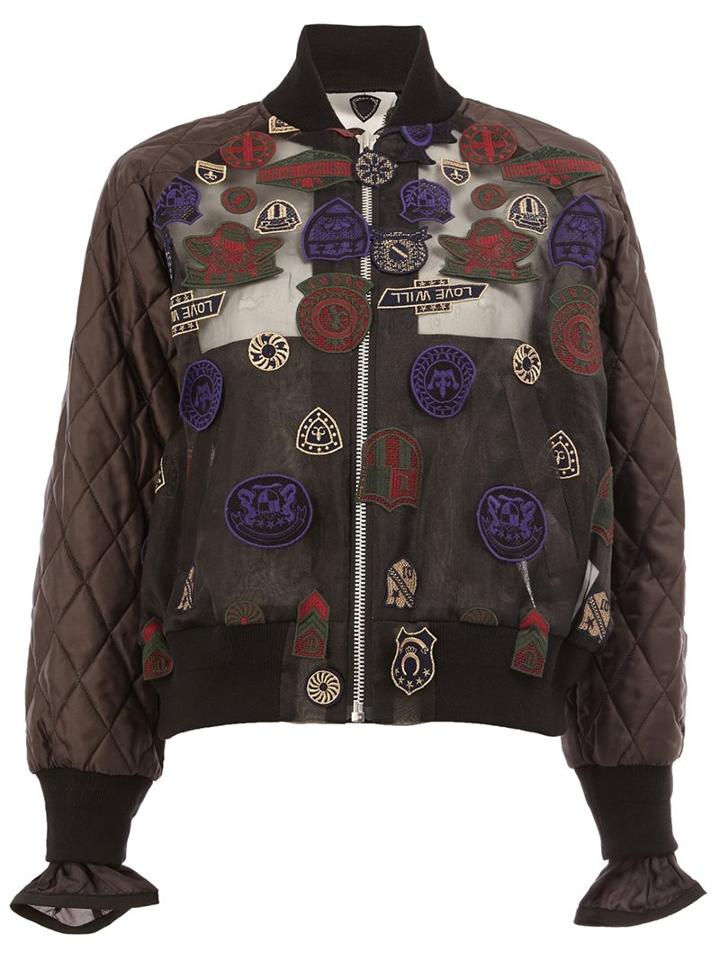Sacai Patch Embroidered Bomber, Women's, Size: 2, Black, Cotton/cupro/polyester