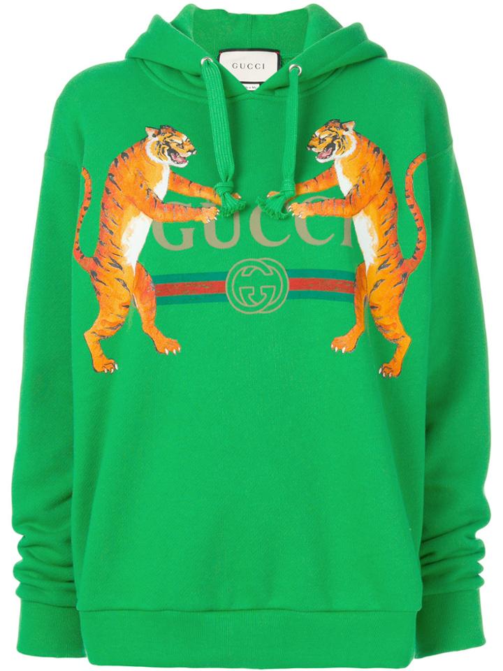Gucci Tiger Print Gucci Logo Hoodie - Green