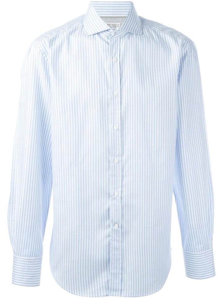 Brunello Cucinelli Striped Shirt, Men's, Size: Medium, Blue, Cotton