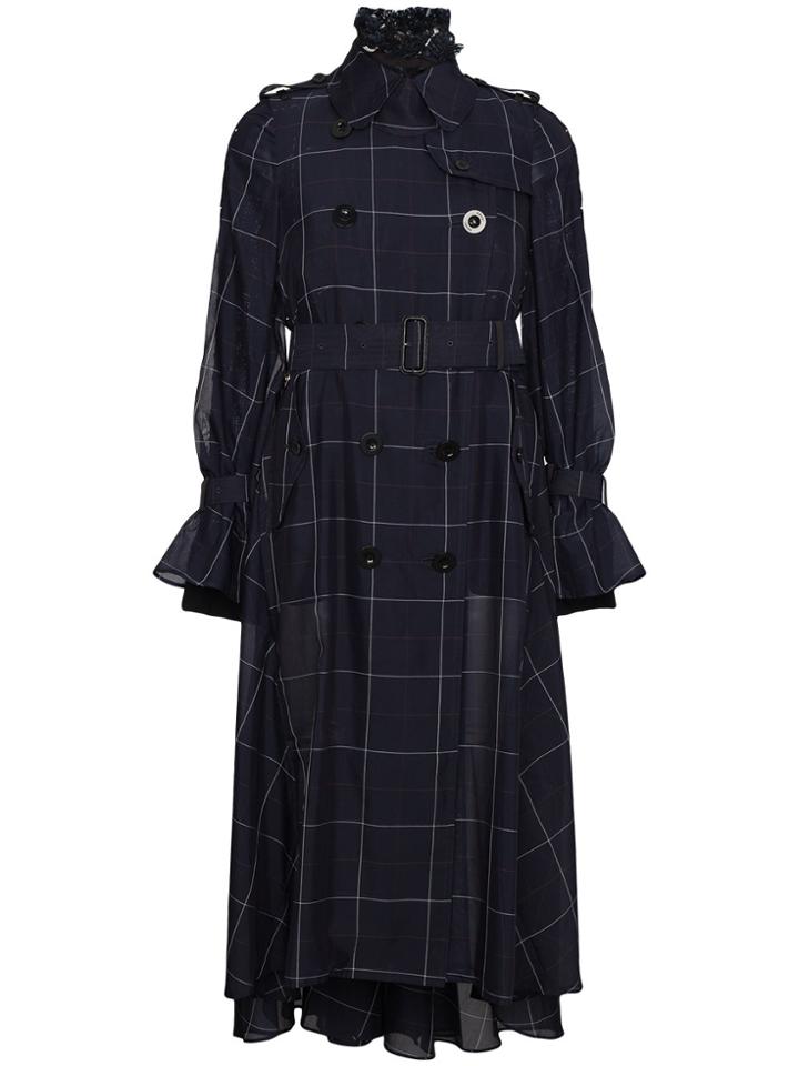 Sacai Windowpane Print Trench Coat - Blue