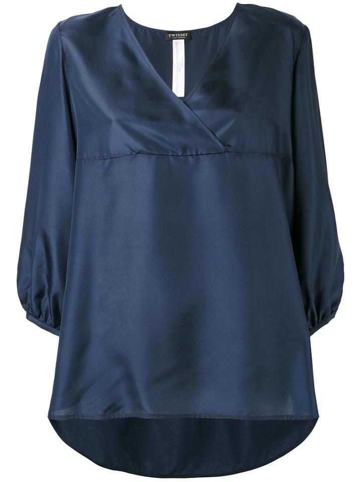 Twin-set - V-neck Blouse - Women - Silk/cotton - Xxl, Blue, Silk/cotton