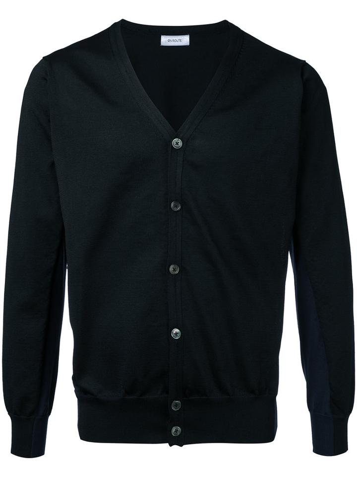 En Route - Side Stripes V-neck Cardigan - Men - Polyester - 1, Black, Polyester