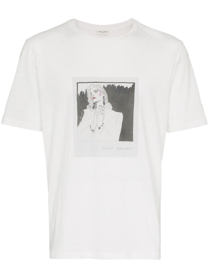 Saint Laurent Red Lip Print Cotton T-shirt - White