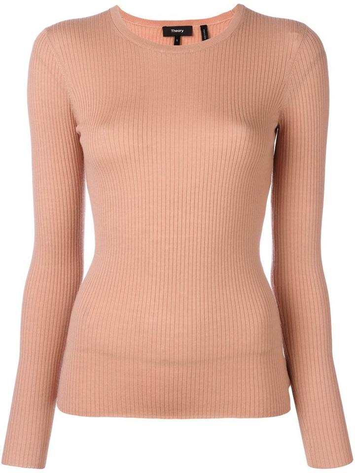 Theory Round Neck Fine Knit Jumper, Women's, Size: Large, Pink/purple, Merino