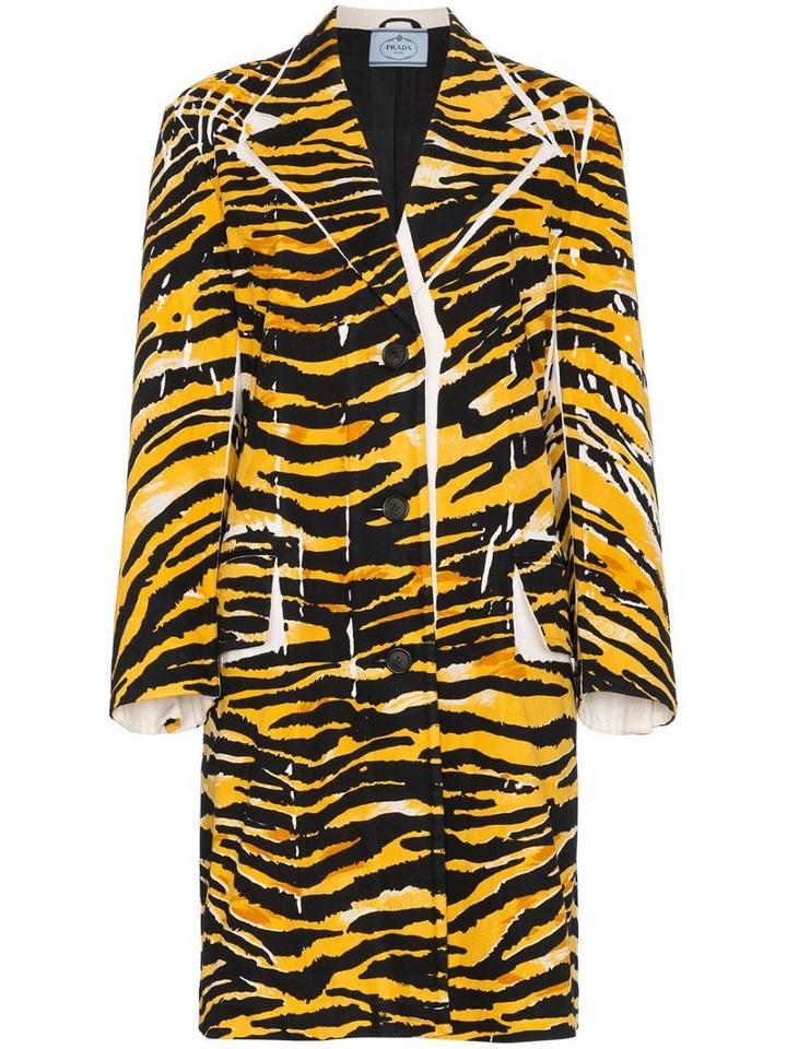 Prada Single Breasted Tiger Print Coat - Yellow