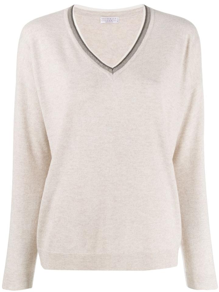 Brunello Cucinelli Knit Glitter V-neck Sweater - Neutrals