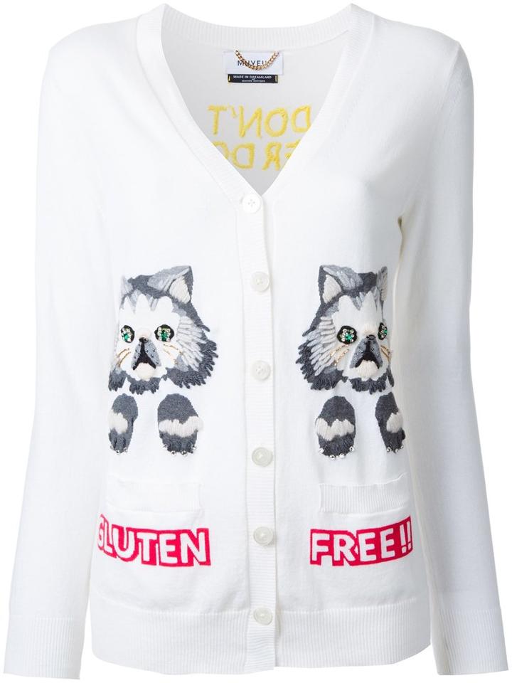 Muveil - Cat Motif V-neck Cardigan - Women - Cotton - 38, White, Cotton