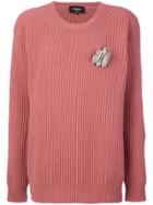 Rochas Brooch Ribbed Crew Neck Sweater - Pink & Purple