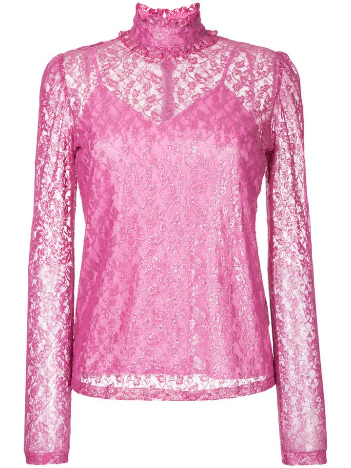G.v.g.v. Foiled Lace Frilled Nigh Neck Top - Pink & Purple
