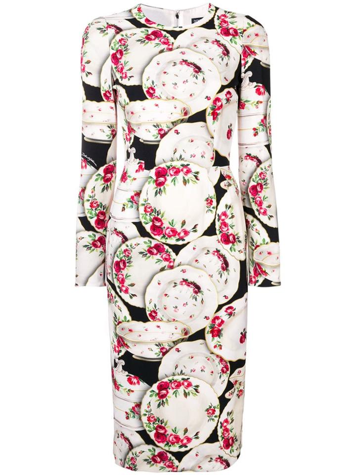Dolce & Gabbana Plate Print Midi Dress - White
