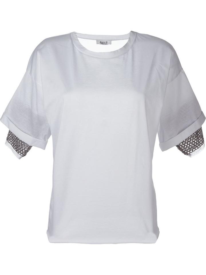 Aviù Semi Sheer Woven Sleeve Insert T-shirt, Women's, Size: 40, White, Cotton/viscose/polyamide/metallized Polyester