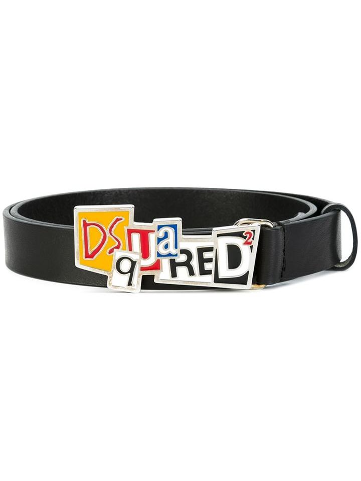 Dsquared2 Newspaper Collage Buckle Belt, Men's, Size: 85, Black, Calf Leather