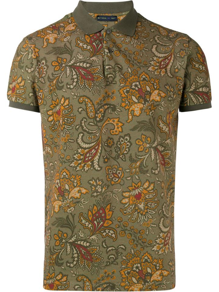 Etro Floral Print Polo Shirt, Men's, Size: Medium, Green, Cotton