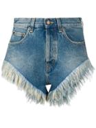 Saint Laurent Feather Trim Denim Shorts - Blue