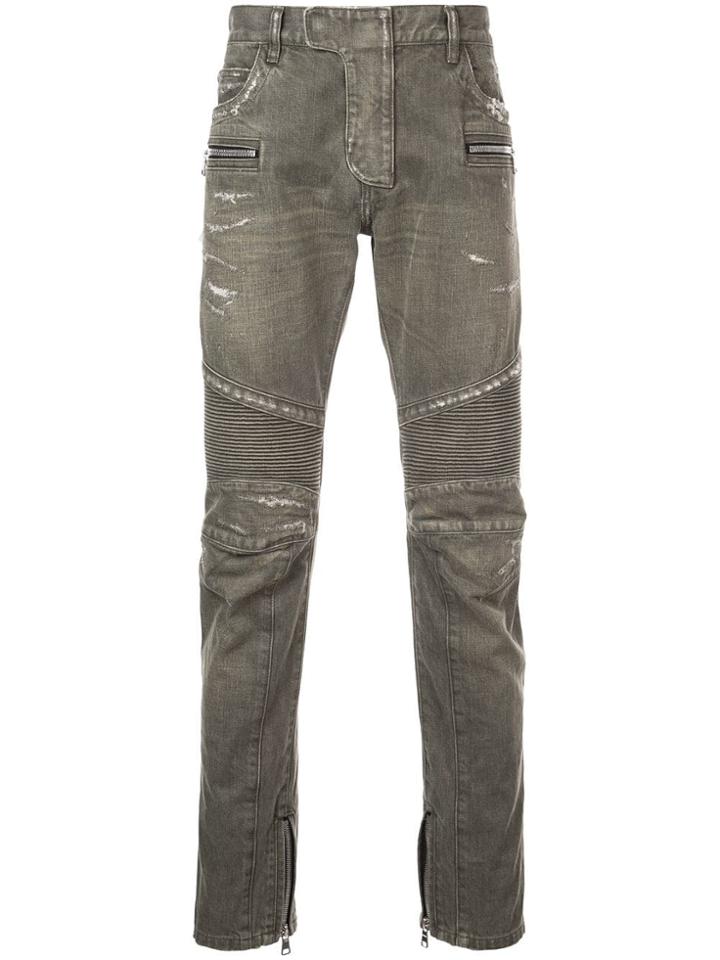 Balmain Distressed Biker Jeans - Green