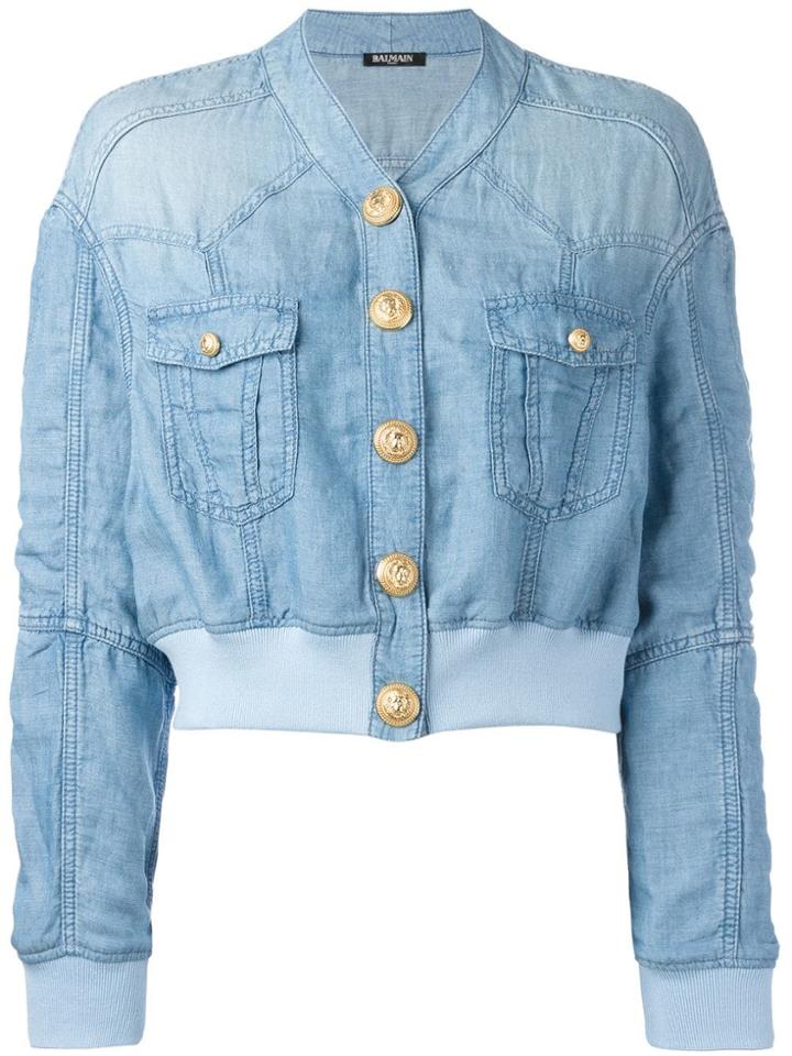 Balmain Cropped Washed Denim Jacket - Blue