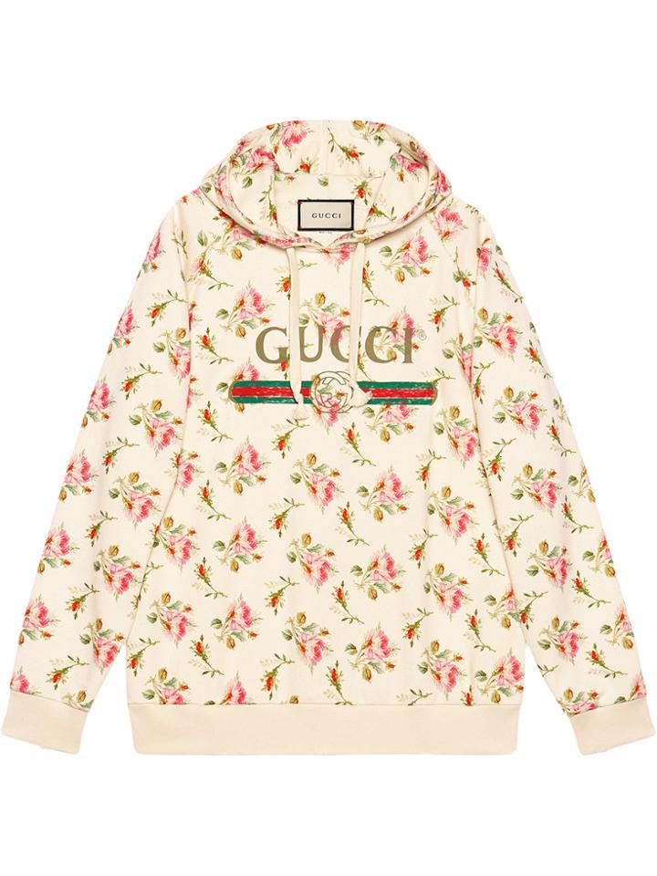 Gucci Rose Print Hooded Cotton Sweatshirt - Pink & Purple