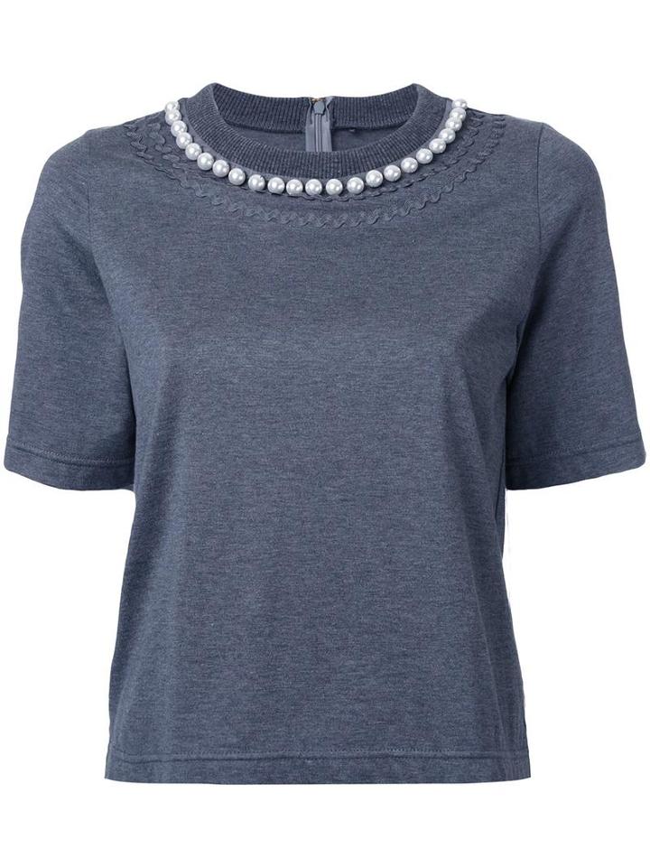 Muveil Pearl Embellished T-shirt, Women's, Size: 38, Grey, Cotton