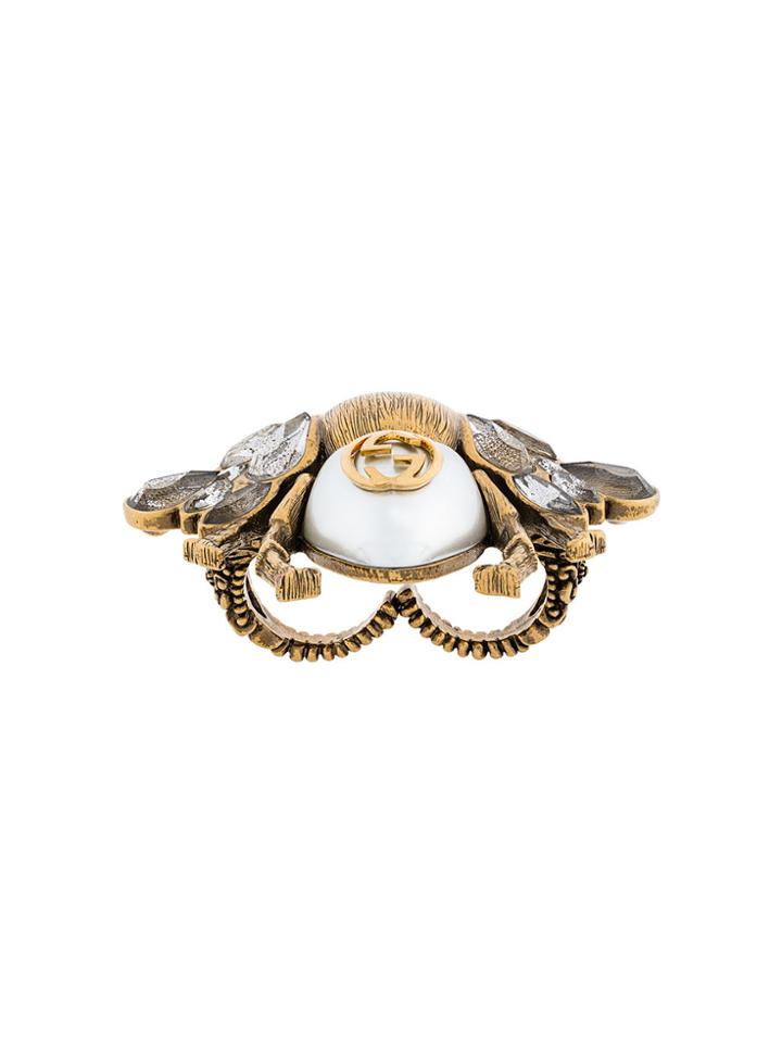 Gucci Crystal And Pearl Bee Ring - Metallic